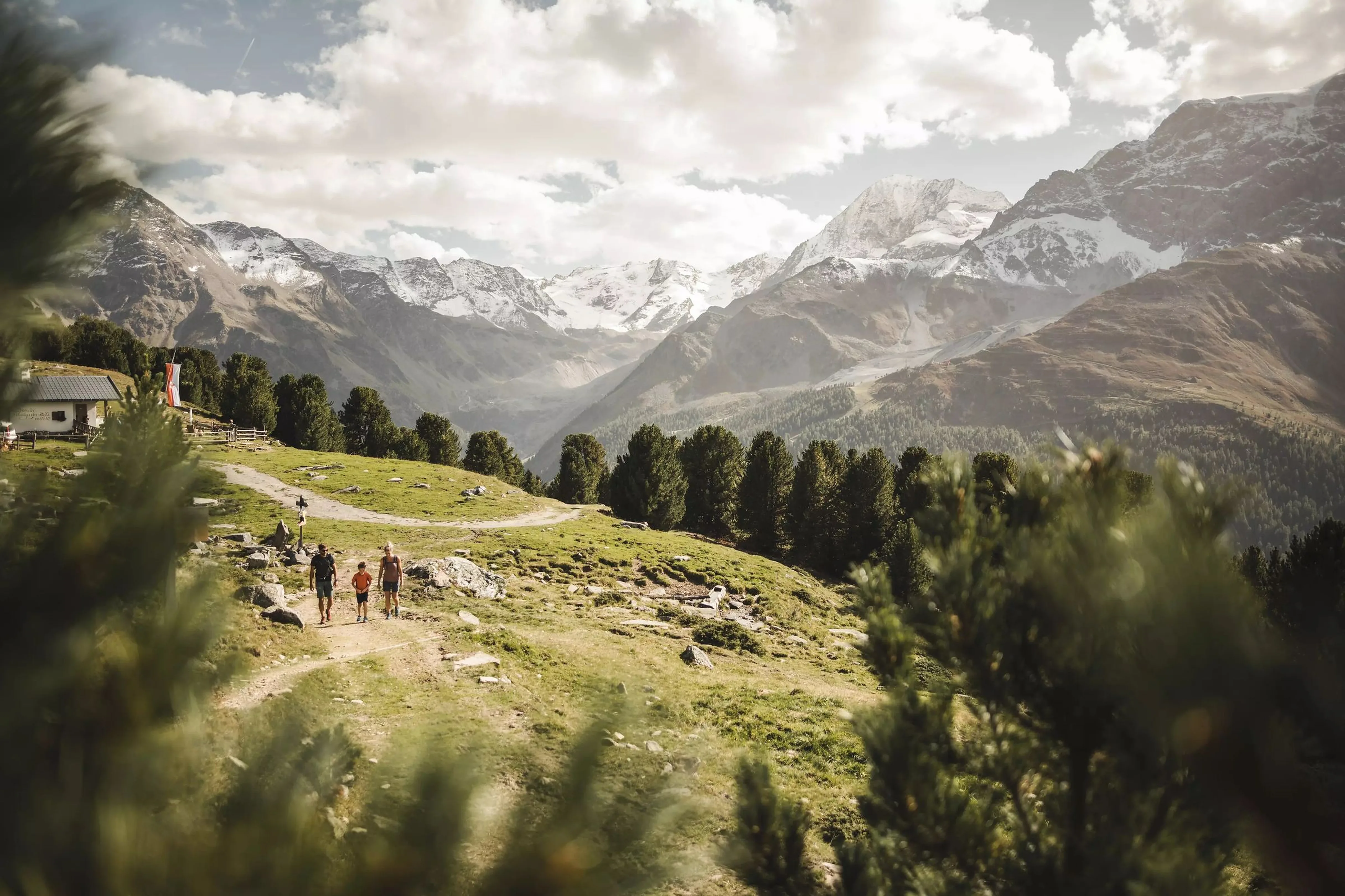 Wanderer auf dem Almweg über Sulden, dahinter die Ortlergruppe