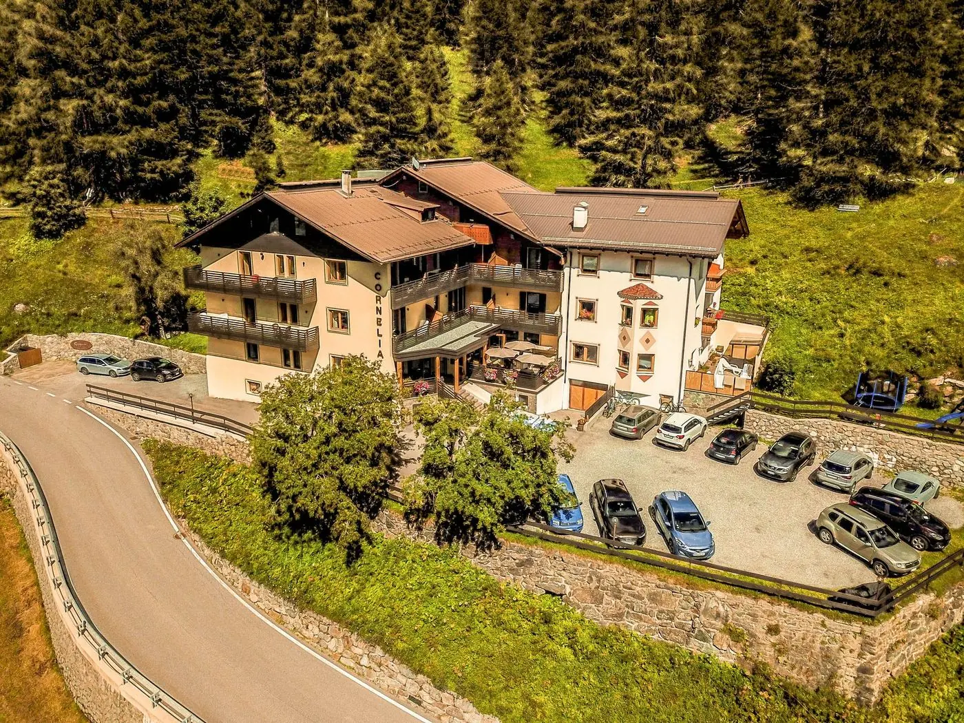 Luftbild des Hotel Cornelia am Waldrand mit Serpentinenstraße
