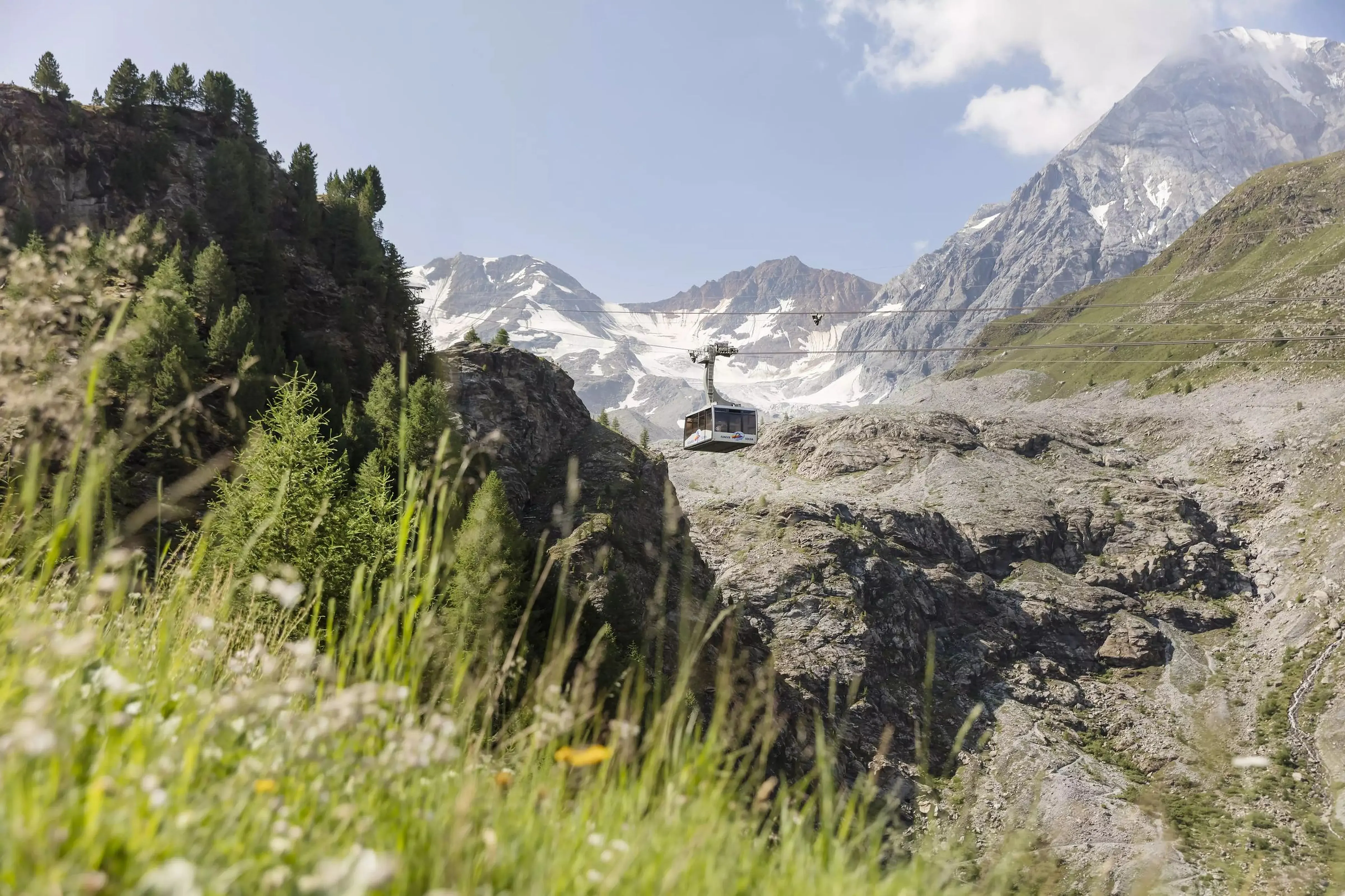 Seilbahngondel vor Gletscher und Königsspitze, vorn eine Blumenwiese